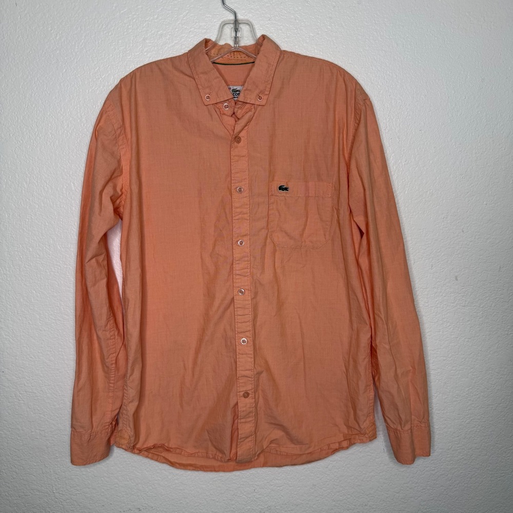 Lacoste Mens Regular Fit Button Down Shirt Peach Orange Cotton Long Sleeve 42